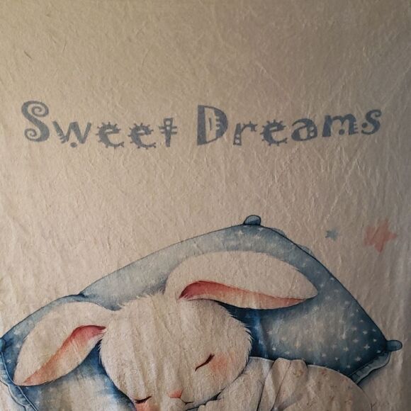 "Sweet Dreams" Bunny Lightweight Fleece Blanket - White and Blue - 50" x 60" - Picture 3 of 3